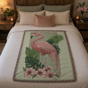 Pink Flamingo Green Leaves Lily Throw Blanket