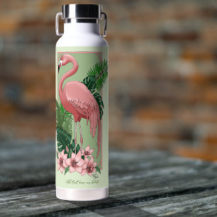 Pink Flamingo Green Leaves Lily Water Bottle