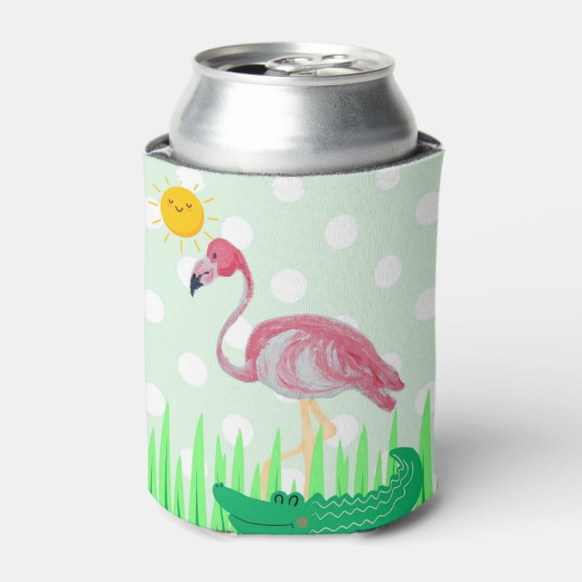 Pink Flamingo Green Polka Dots Can Bottle Cooler (Can Front)
