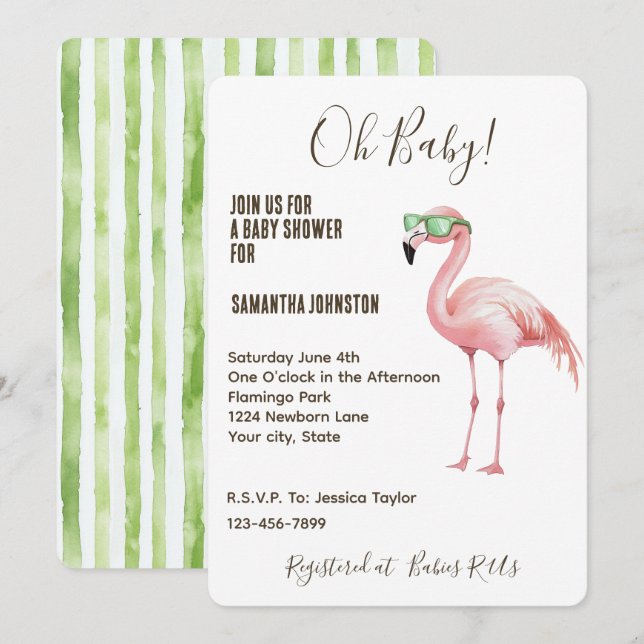 Pink Flamingo Green White Stripes Baby Shower Invitation (Front/Back)