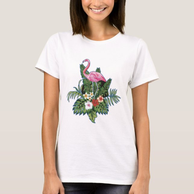 Pink flamingo, hand painted, green leaves, T-Shirt (Front)