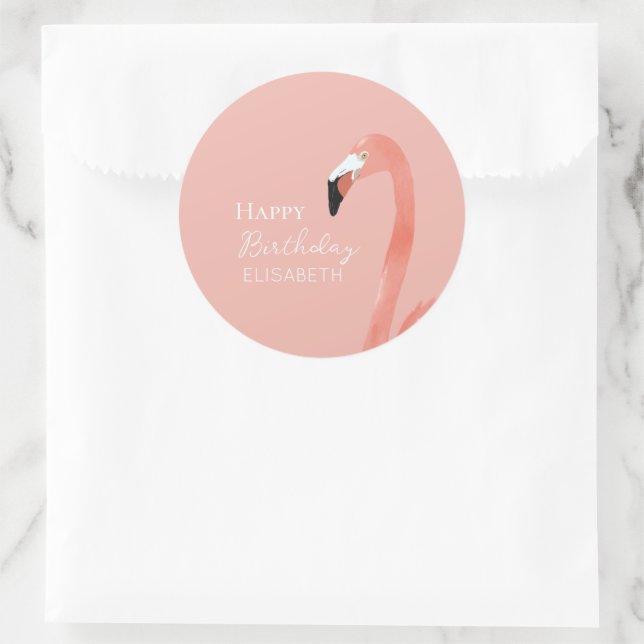 Pink Flamingo Happy Birthday Personalized Name Classic Round Sticker (Bag)