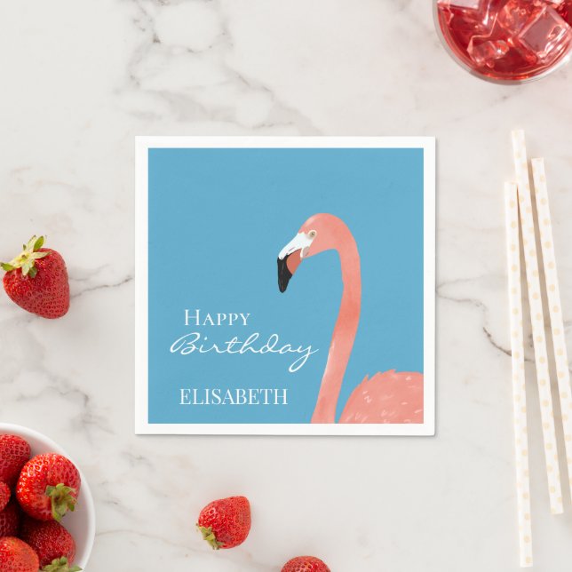 Pink Flamingo Happy Birthday Personalized Name Napkin (Insitu)
