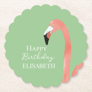 Pink Flamingo Happy Birthday Personalized Name Paper Coaster
