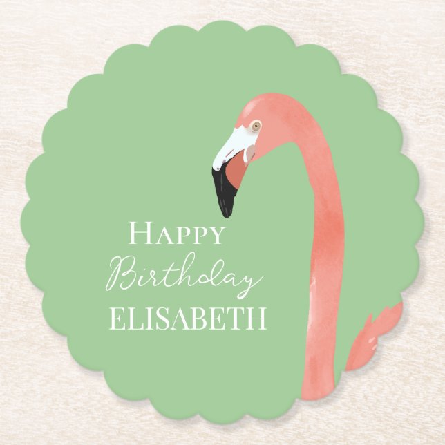Pink Flamingo Happy Birthday Personalized Name Paper Coaster (Front)
