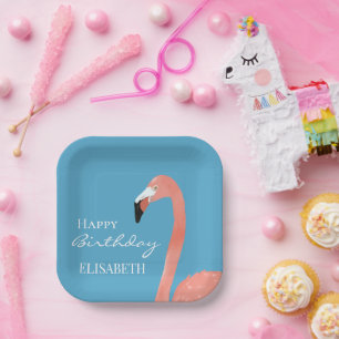 Pink Flamingo Happy Birthday Personalized Name Paper Plate