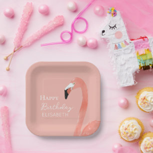 Pink Flamingo Happy Birthday Personalized Name Paper Plate