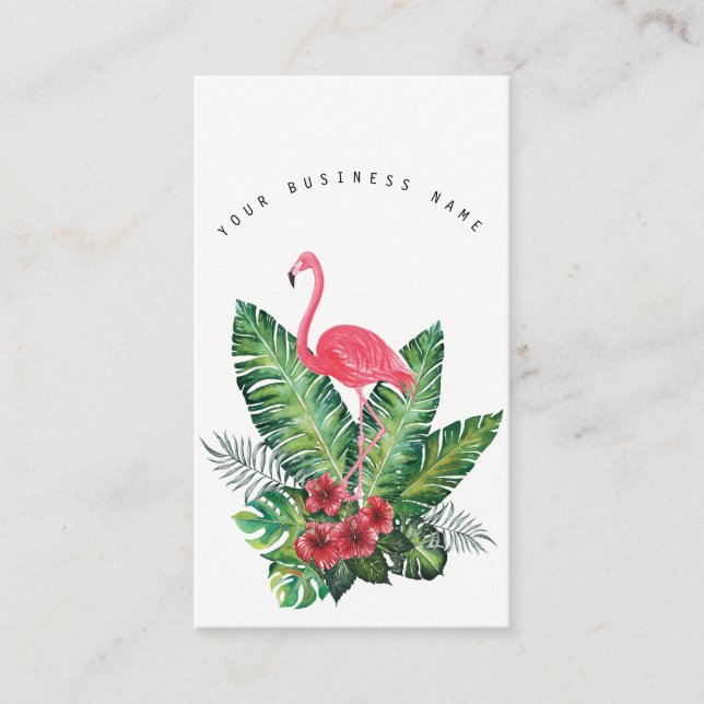 Pink Flamingo & Hibiscus Tropical Leaves Business Card (Front)