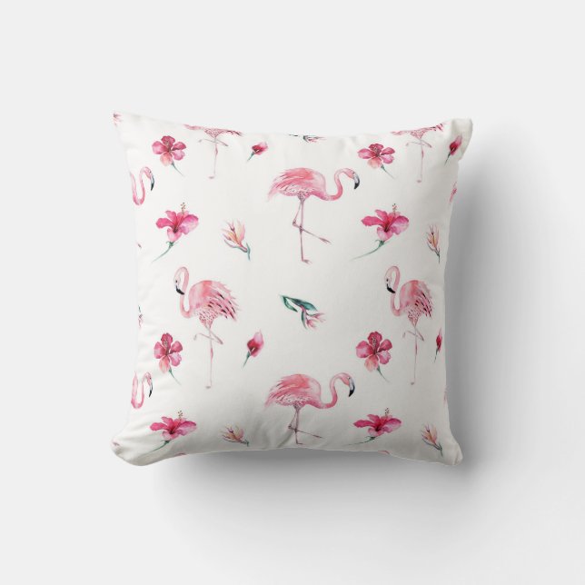 Pink Flamingo & Hibiscus Tropical Summer Glam Throw Pillow (Front)