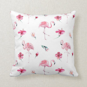 Pink Flamingo & Hibiscus Tropical Summer Glam Throw Pillow