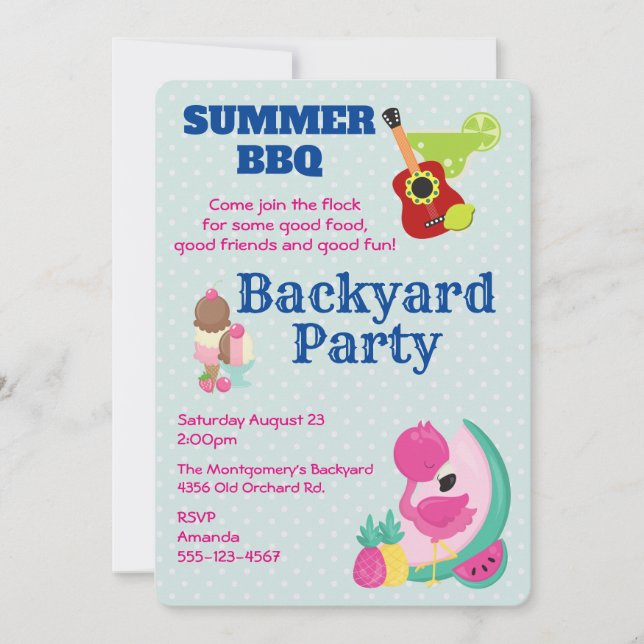 Pink Flamingo Ice Cream BBQ Party Invite (Front)