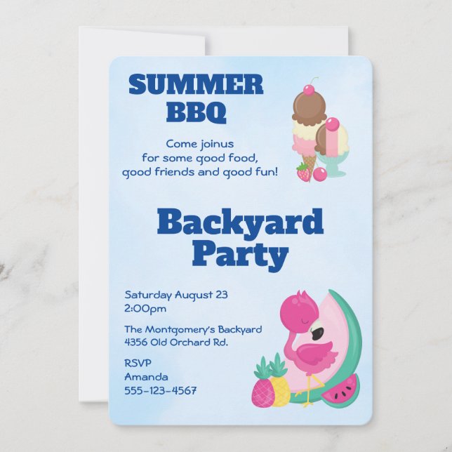 Pink Flamingo Ice Cream BBQ Party Invite (Front)