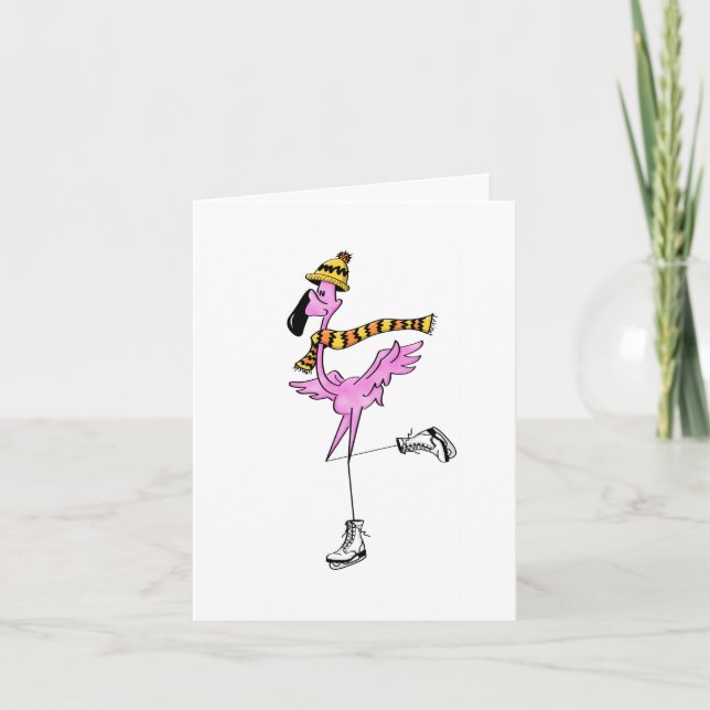Pink flamingo ice skating card (Front)