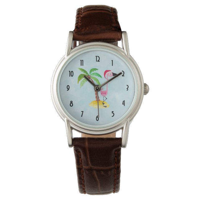 Pink Flamingo in a Red  Santa Hat Watch (Front)