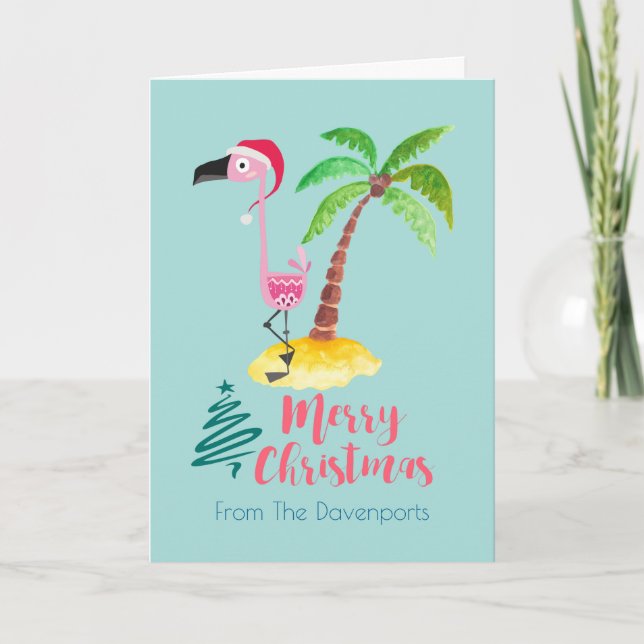 Pink Flamingo In A Santa Hat By A Palm Tree Holiday Card (Front)