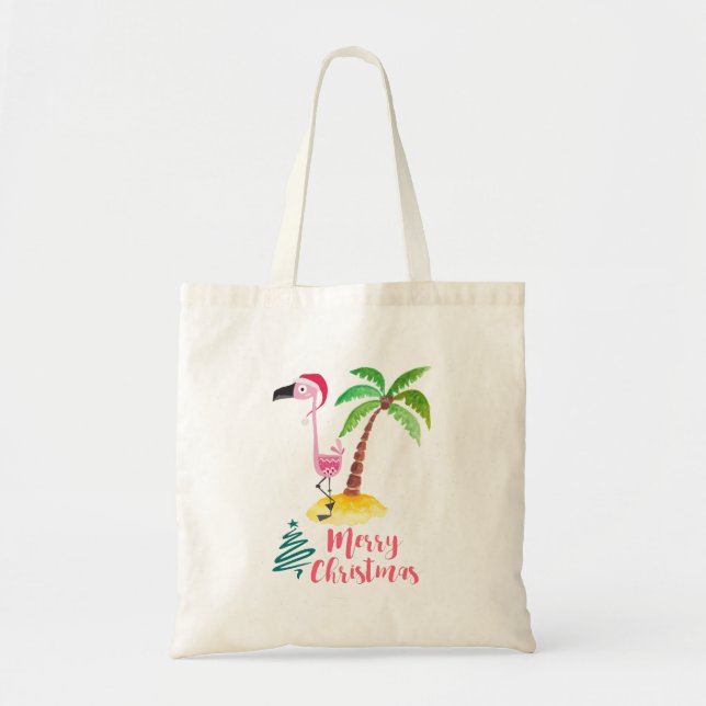 Pink Flamingo In A Santa Hat By A Palm Tree Tote Bag (Front)
