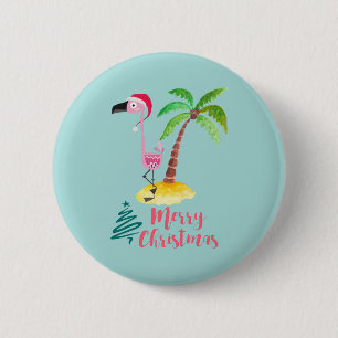 Pink Flamingo In A Santa Hat By A Palm Tree Xmas 2 Inch Round Button