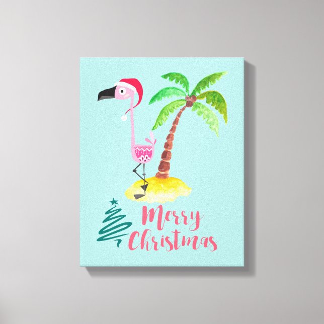 Pink Flamingo In A Santa Hat By A Palm Tree Xmas Canvas Print (Front)