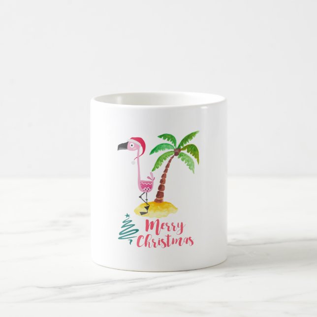 Pink Flamingo In A Santa Hat By A Palm Tree Xmas Coffee Mug (Center)