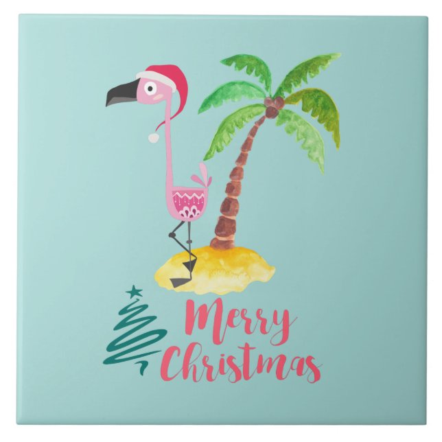 Pink Flamingo In A Santa Hat By A Palm Tree Xmas Tile (Front)