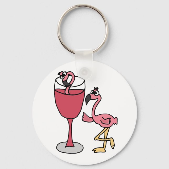 Pink Flamingo in Blush Wine Glass Keychain (Front)