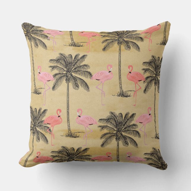 Pink Flamingo in Palm trees home decor pillow (Front)