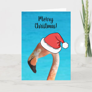 Pink Flamingo in red cartoon Santa hat Holiday Card