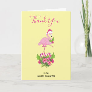 Pink Flamingo in Santa Hat Christmas Thank You Holiday Card