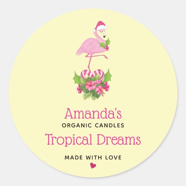 Pink Flamingo in Santa Hat Whimsical Candle Classic Round Sticker (Front)