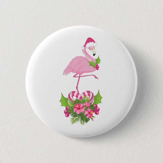 Pink Flamingo in Santa Hat Whimsical Christmas 2 Inch Round Button (Front)