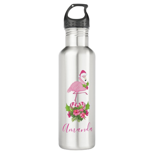 Pink Flamingo in Santa Hat Whimsical Christmas 710 Ml Water Bottle (Front)