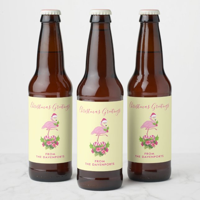 Pink Flamingo in Santa Hat Whimsical Christmas Beer Bottle Label (Bottles)