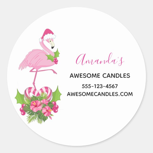 Pink Flamingo in Santa Hat Whimsical Christmas Biz Classic Round Sticker (Front)