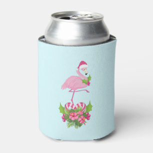 Pink Flamingo in Santa Hat Whimsical Christmas Can Cooler