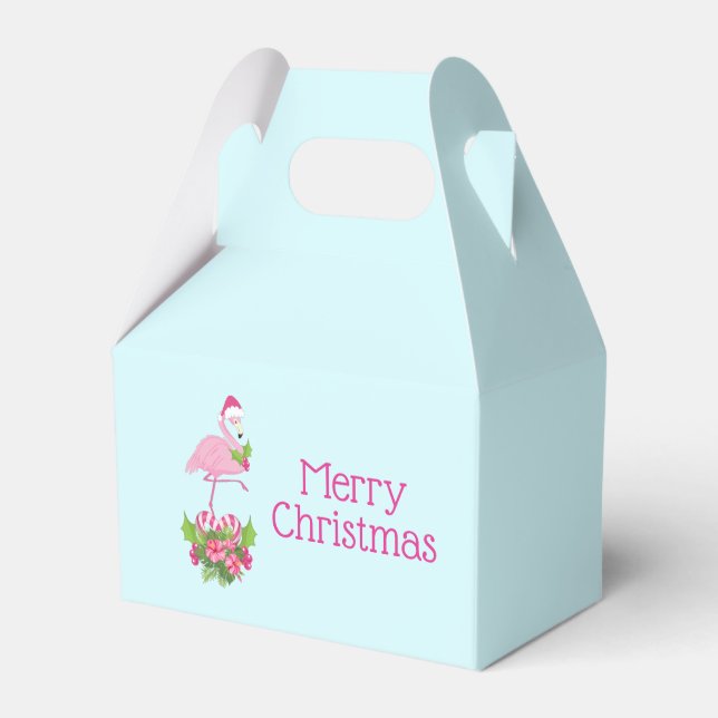 Pink Flamingo in Santa Hat Whimsical Christmas Favor Box (Front Side)