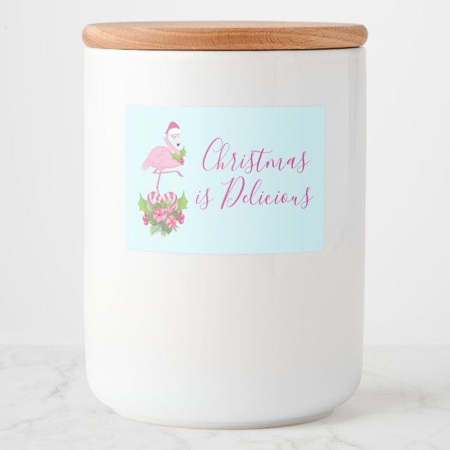 Pink Flamingo in Santa Hat Whimsical Christmas Food Label (Front)