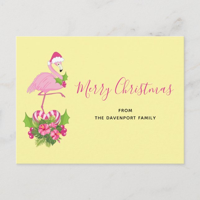 Pink Flamingo in Santa Hat Whimsical Christmas Holiday Postcard (Front)