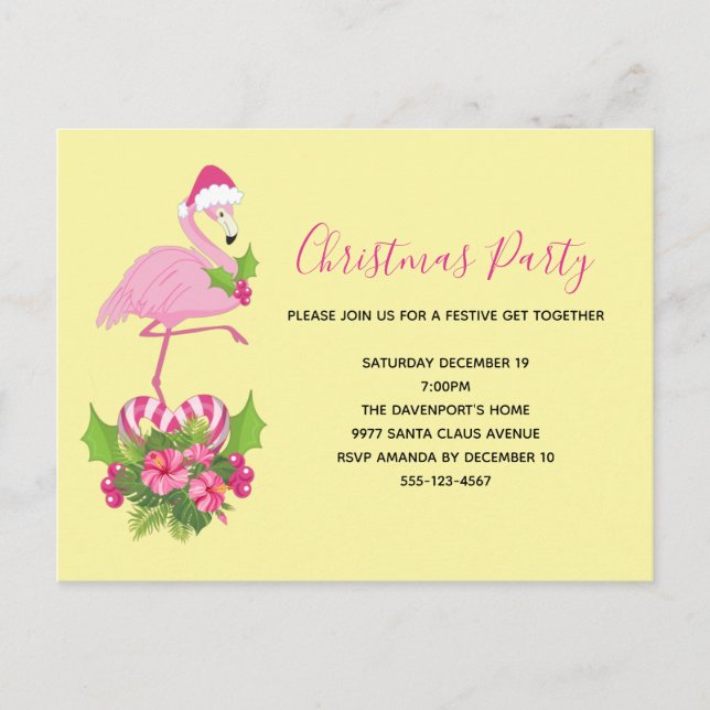 Pink Flamingo in Santa Hat Whimsical Christmas Invitation Postcard (Front)