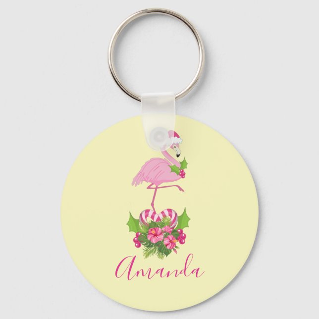 Pink Flamingo in Santa Hat Whimsical Christmas Keychain (Front)