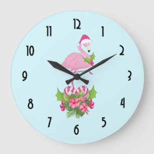 Pink Flamingo in Santa Hat Whimsical Christmas Large Clock