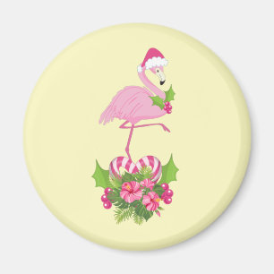 Pink Flamingo in Santa Hat Whimsical Christmas Magnet