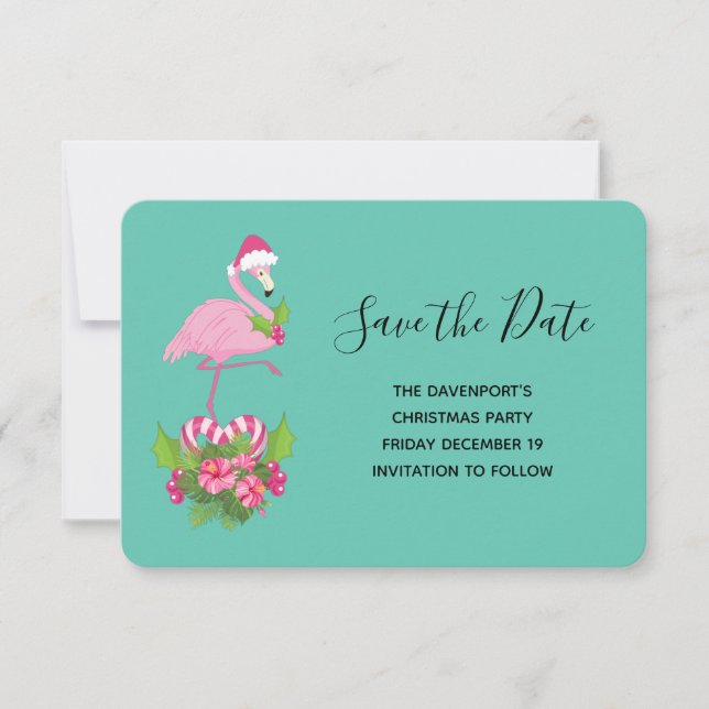 Pink Flamingo in Santa Hat Whimsical Christmas Save The Date (Front)