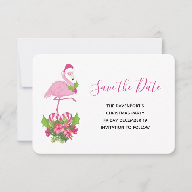 Pink Flamingo in Santa Hat Whimsical Christmas Save The Date (Front)
