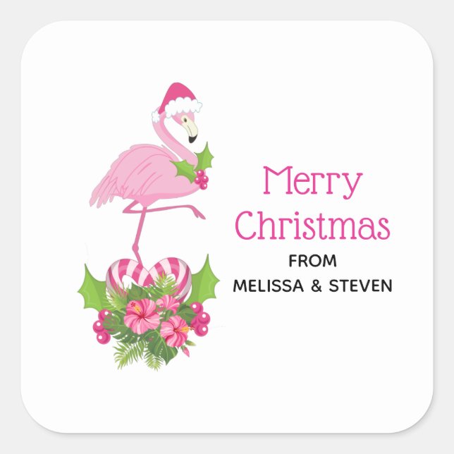 Pink Flamingo in Santa Hat Whimsical Christmas Square Sticker (Front)