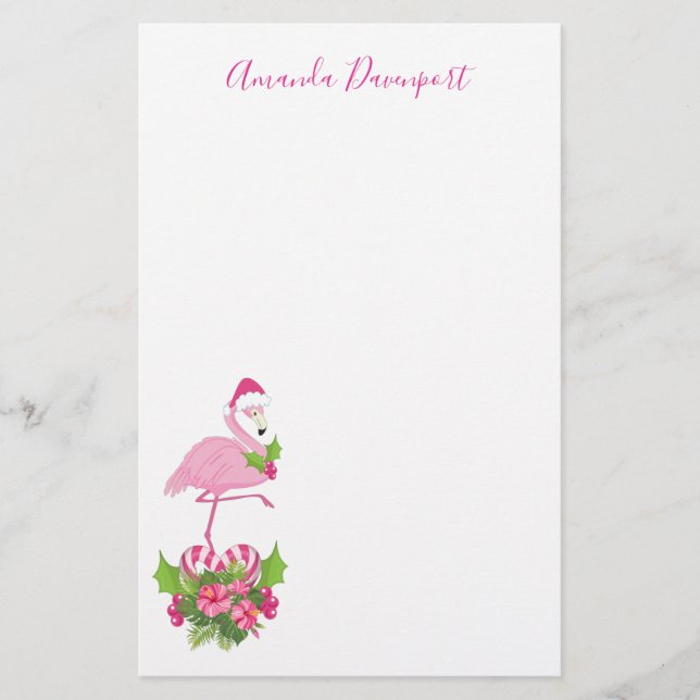 Pink Flamingo in Santa Hat Whimsical Christmas Stationery (Front)