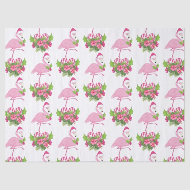 Pink Flamingo in Santa Hat Whimsical Christmas Tissue Paper (Front)