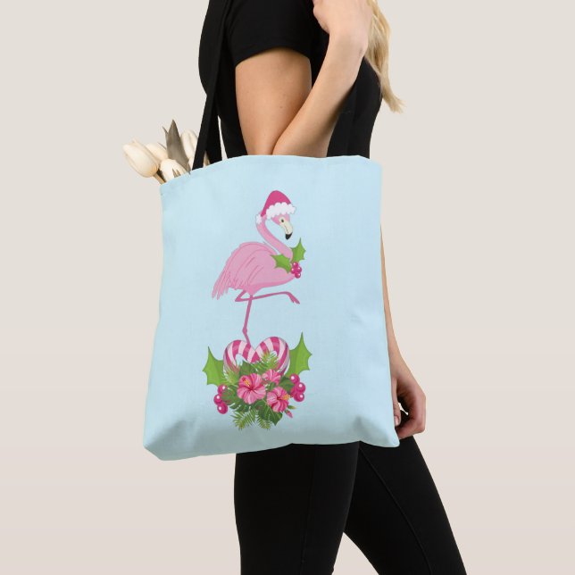 Pink Flamingo in Santa Hat Whimsical Christmas Tote Bag (Close Up)