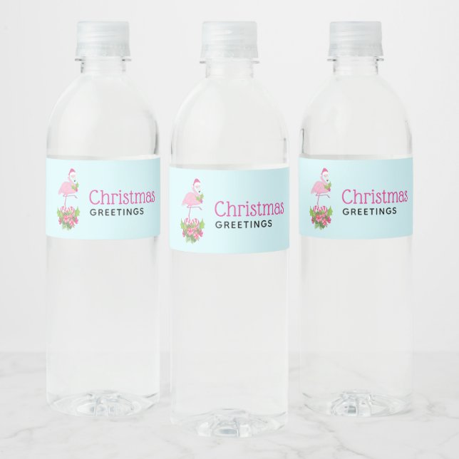 Pink Flamingo in Santa Hat Whimsical Christmas Water Bottle Label (Bottles)