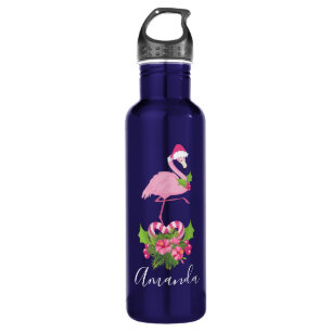 Pink Flamingo in Santa Hat with Candy Cane Bouquet 710 Ml Water Bottle