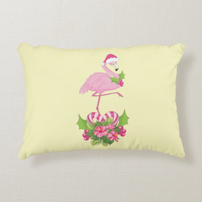 Pink Flamingo in Santa Hat with Candy Cane Bouquet Accent Pillow (Front)